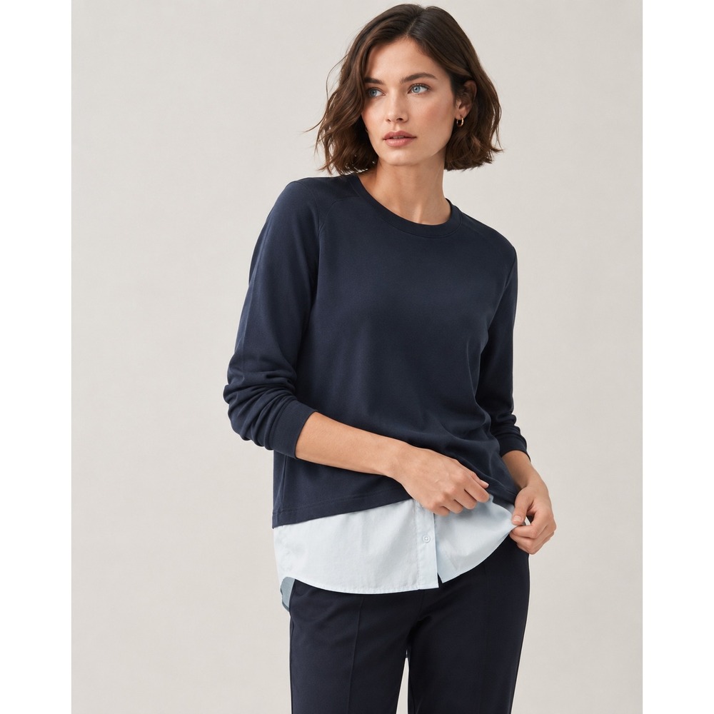 Athleta Gallery Top 2.0 Navy Blue Layered Look Sweatshirt Shirt Tail Hem S NWOT